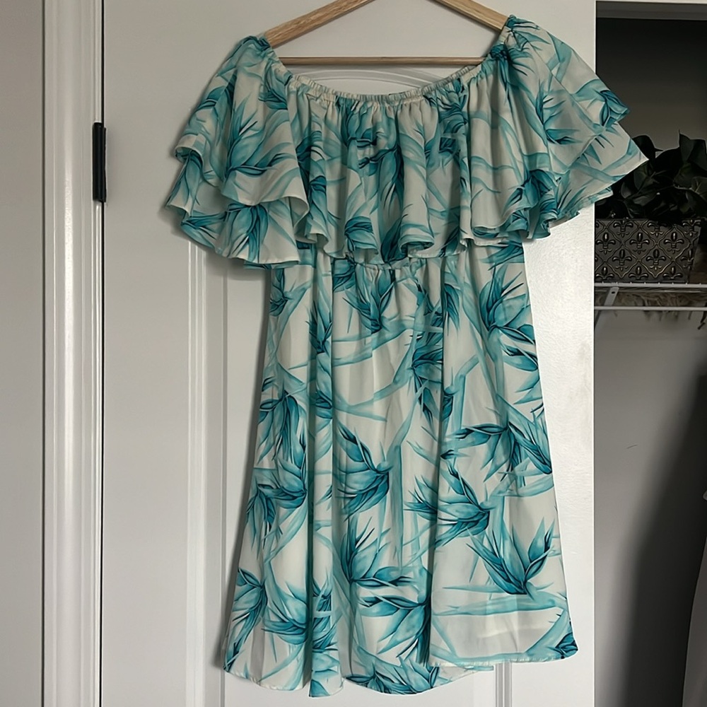 Blue and white off the shoulder dress